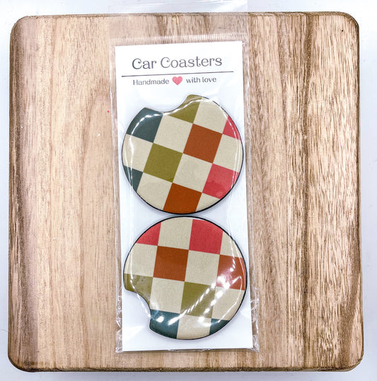 COLORFUL CHECKERS CAR COASTER PACK